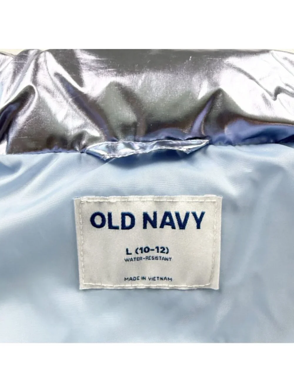 Old Navy Kids Metallic Blue Silver Water Resistant Puffer Vest L 10-12